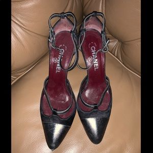 Chanel Satin Cap Toe Ankle Strap Pump